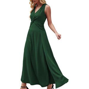 Women Dark GreenSleeveless V Neck Formal A-line Midi Cocktail Dress With Flutter